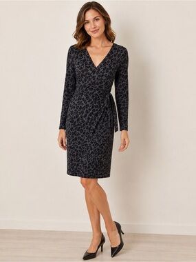 Ann Taylor Black & Dark Gray Leopard-Print Wrap Dress